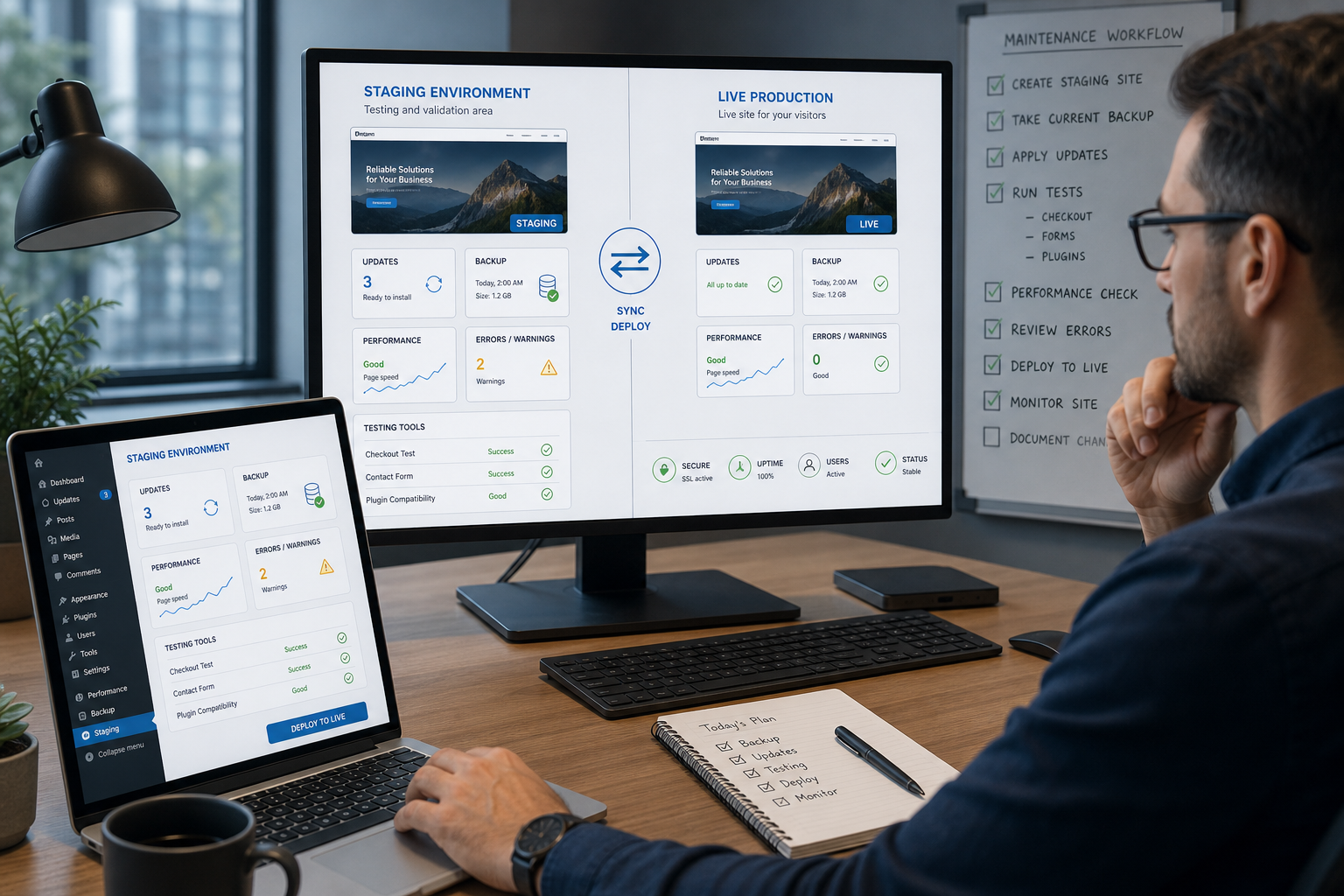 Developer reviewing staging and live production website deployment dashboard with sync and test status