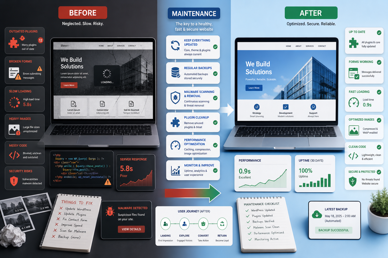 Infografia comparando um site antes e depois da manutenção: de lento e inseguro para otimizado e seguro