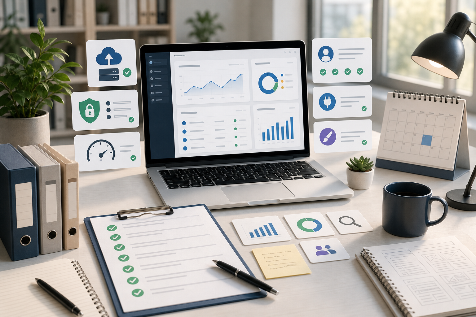 Office desk with laptop showing analytics dashboard, surrounded by productivity and security icons