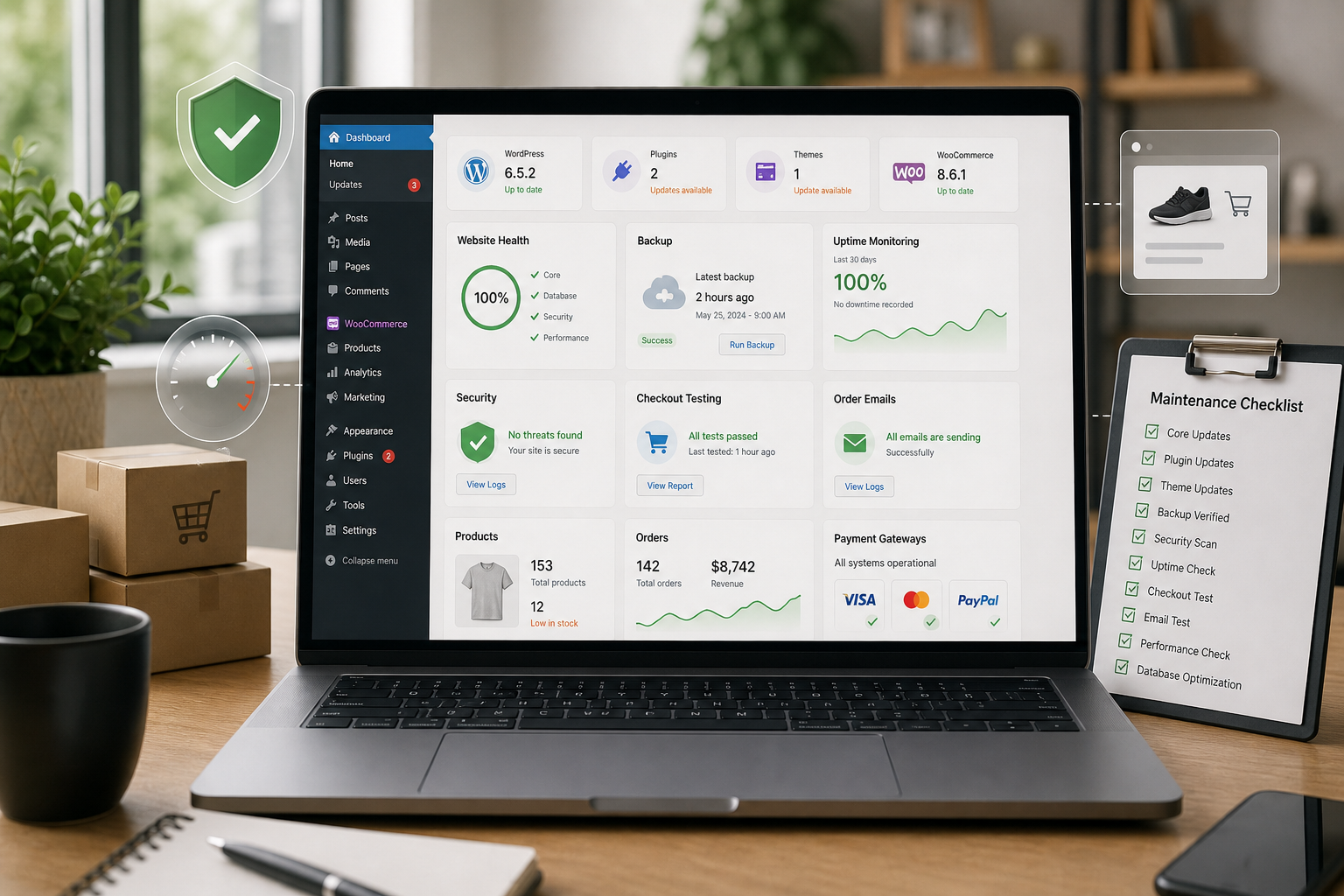 Painel de gestão de loja online com WordPress, estado do site, segurança, backups e encomendas