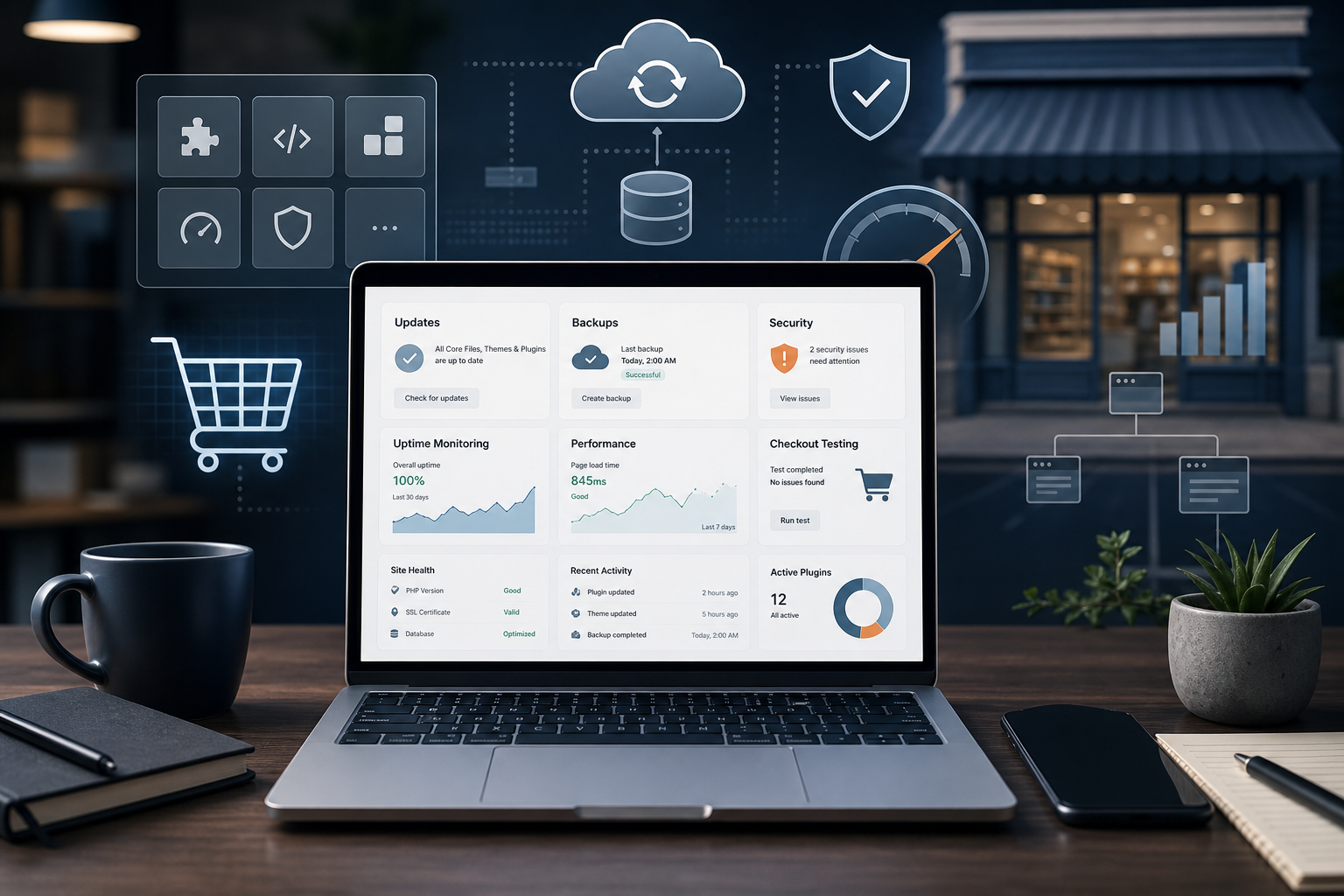 Painel de gestão de website com atualizações, backups, segurança, disponibilidade, performance e plugins