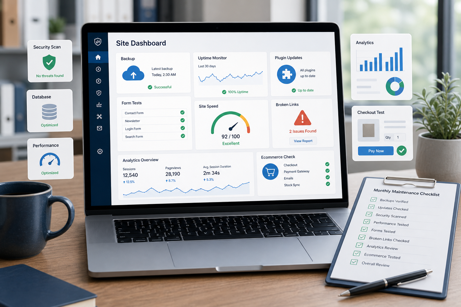 Portátil com painel de controlo de site e checklist de manutenção, mostrando backups, uptime, desempenho e análises