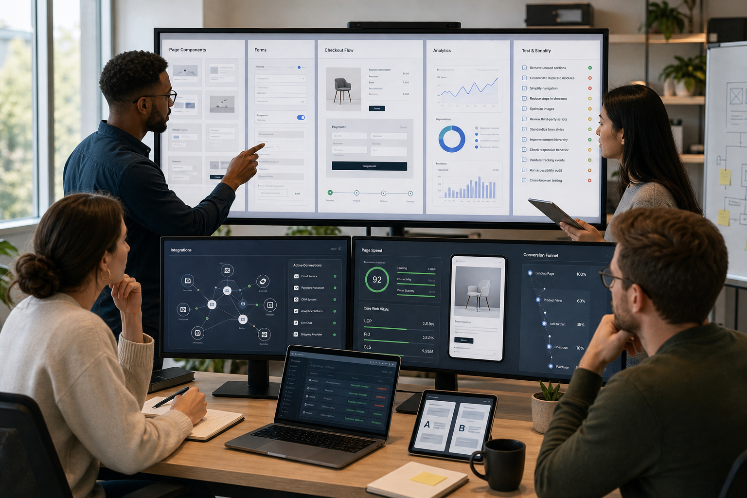 Team reviewing website analytics, checkout flow, and optimization dashboards on multiple screens