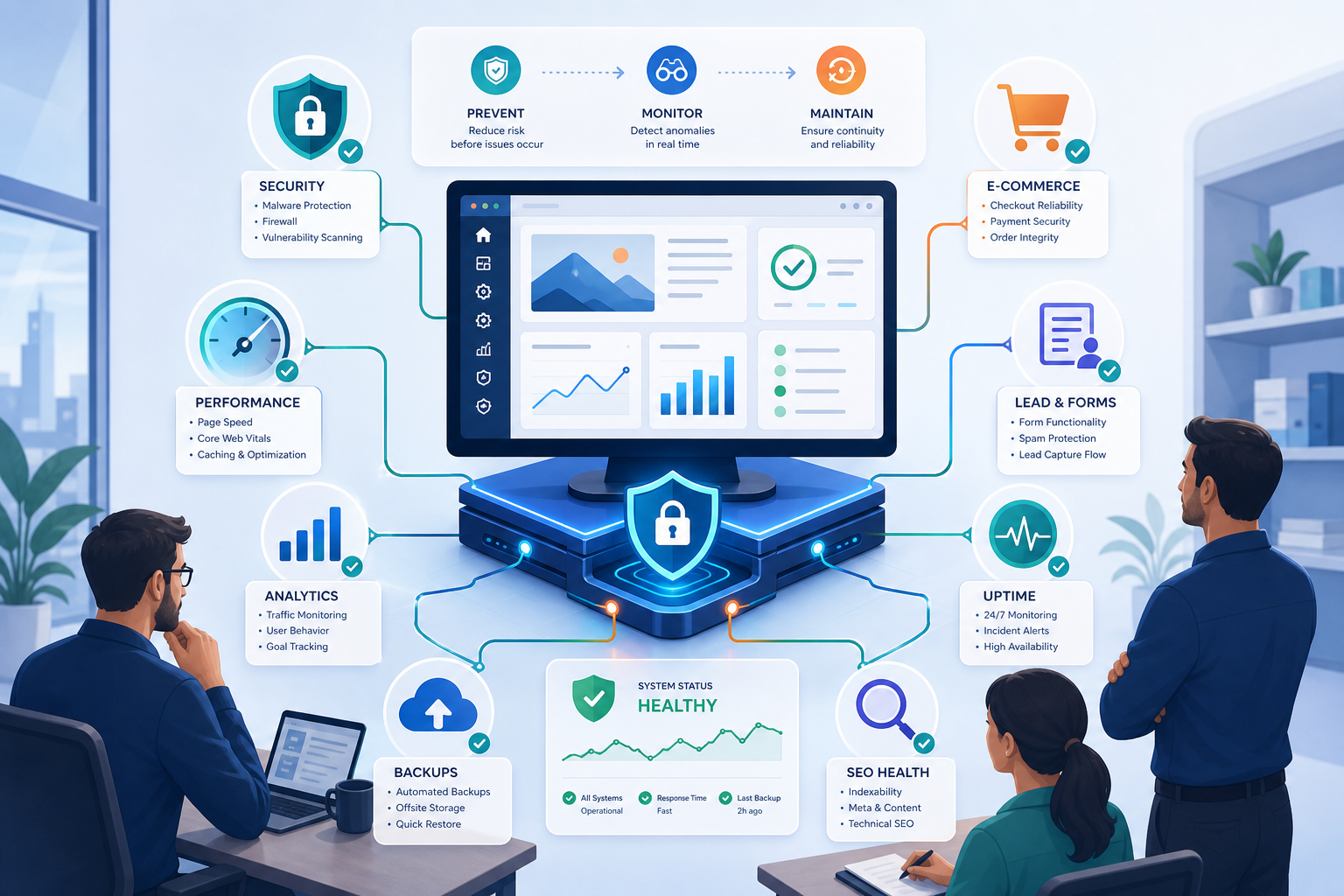 Website health dashboard showing security, performance, analytics, backups, SEO, uptime, and e-commerce status as healthy