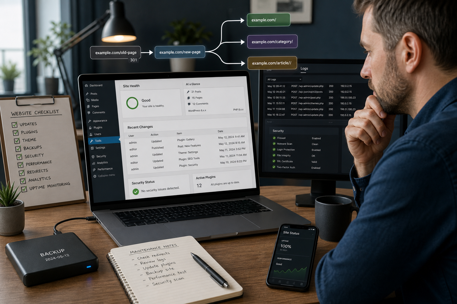 Website maintenance dashboard showing redirects, security checks, backups, and site health status