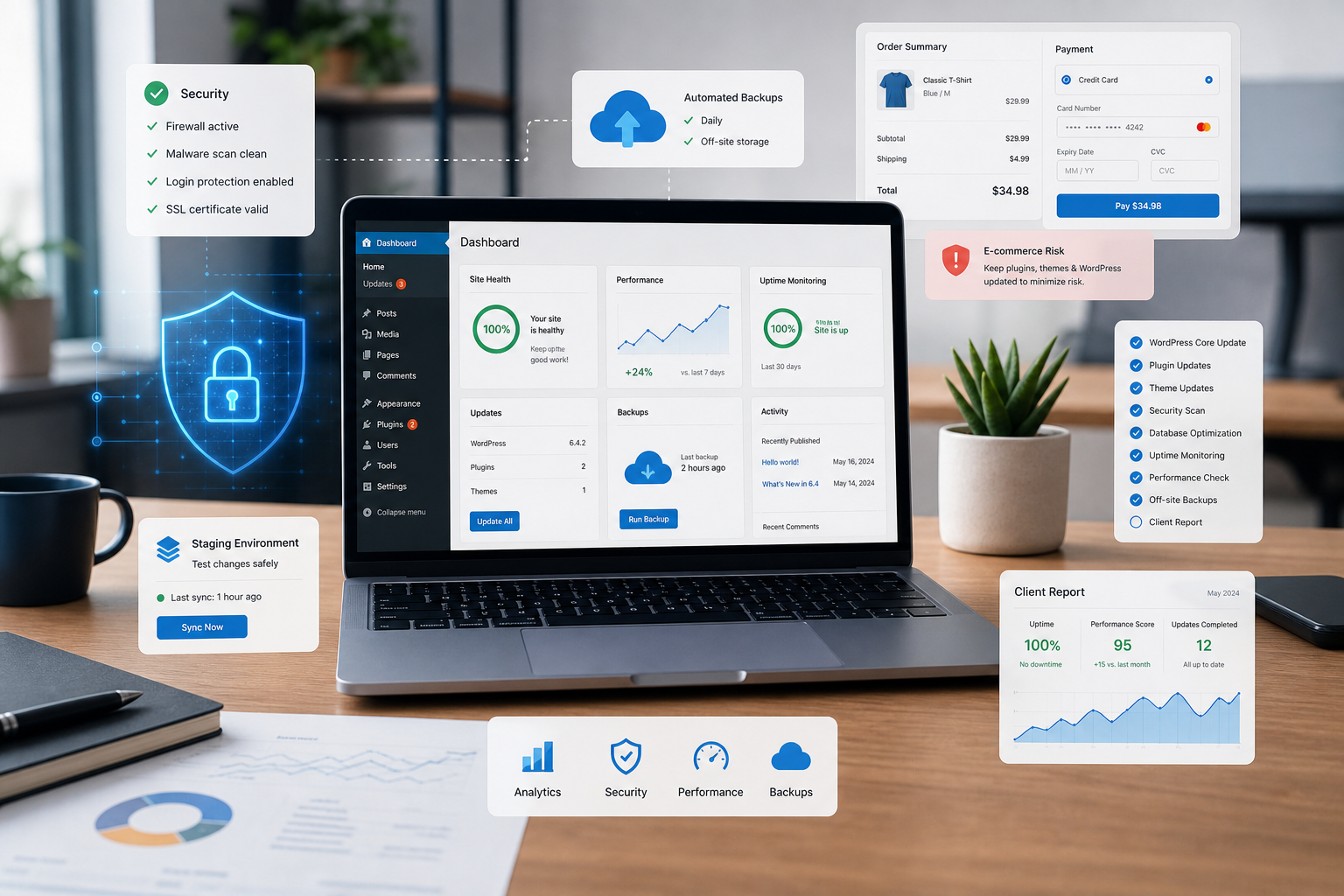 WordPress dashboard showing security, backups, updates, and site performance status